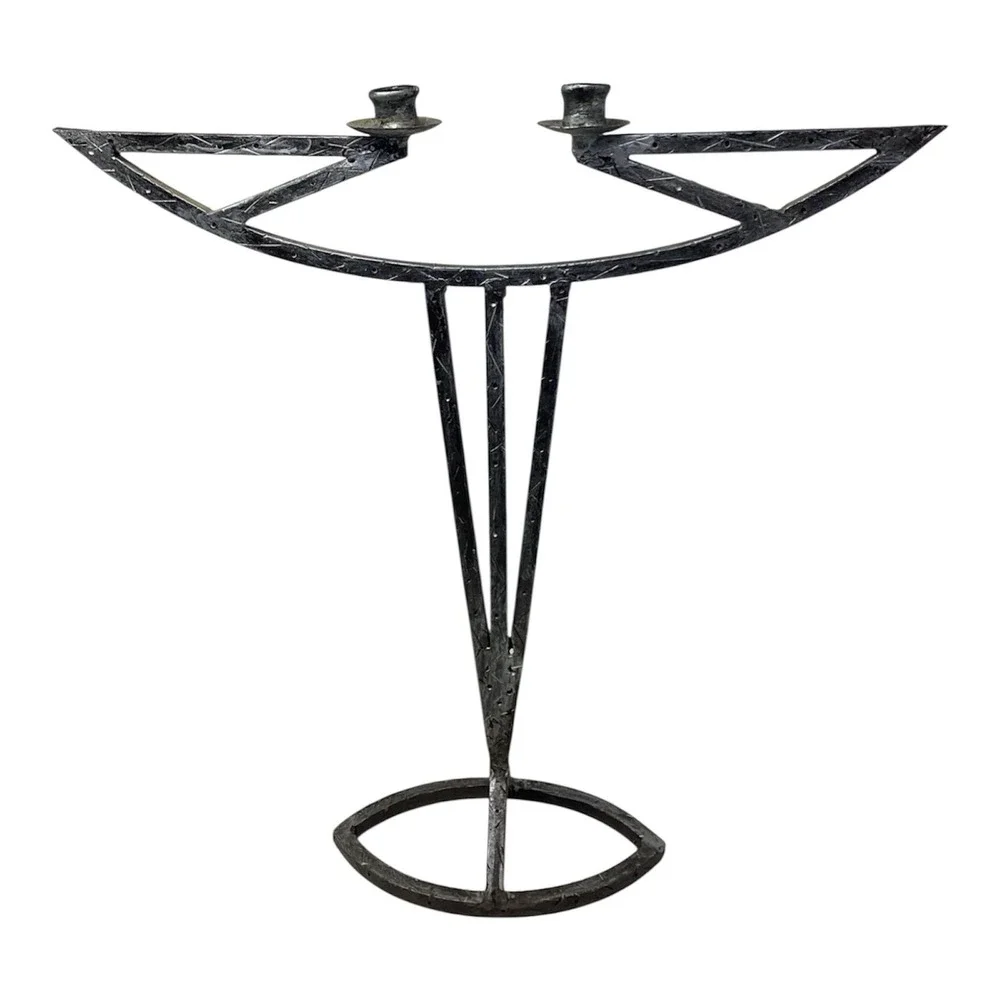 Pair MCM Brutalist Wrought Iron Candlesticks Hand Forged Double Sm Taper 14x14